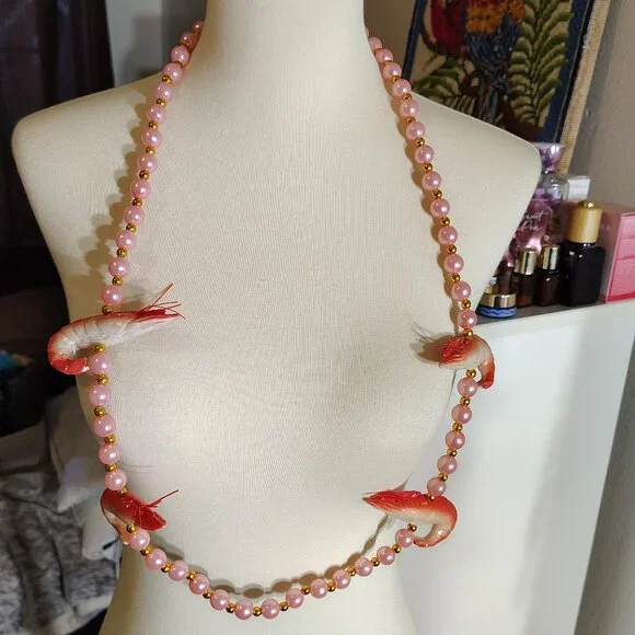 Crawfish Mardi Gras Beads Faux Pink Pearl Shrimp Nautical Necklace - Picture 5 of 7